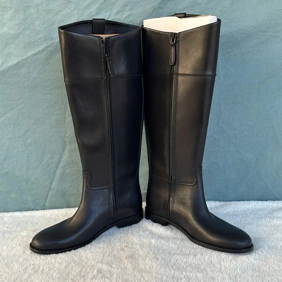NWOT Tory Burch Double T Riding Black Leather Boots Women Sz 5 1/2M Knee Riding - Picture 2 of 8
